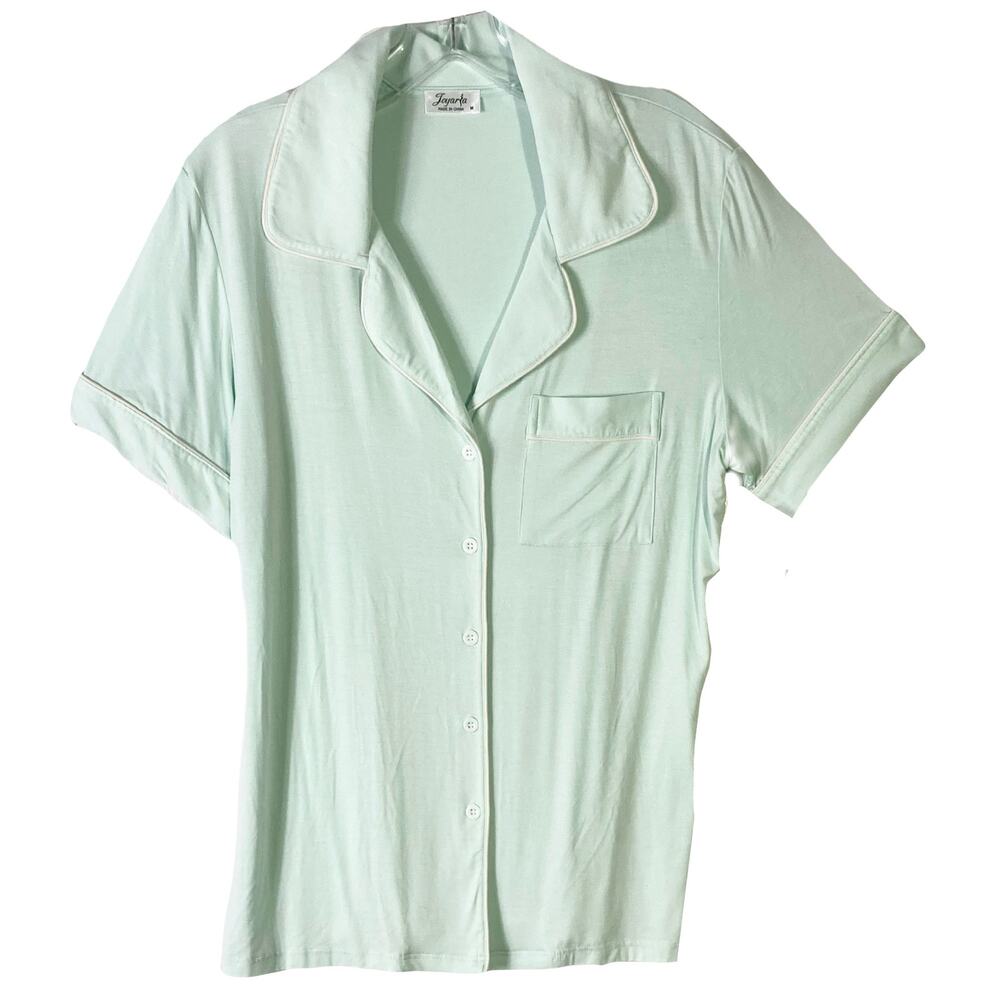 NWOT JOYARIA Pajama Top Women M Blue White Trim Short Sleeve Button Up Collar
